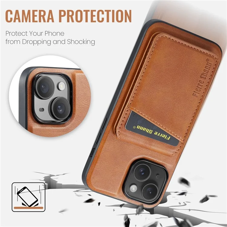 FIERRE SHANN 025 Style For iPhone 13 Detachable Case Leather+TPU Phone Cover RFID Blocking - Brown