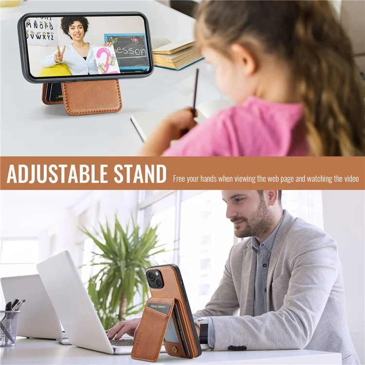 FIERRE SHANN 025 Style For iPhone 13 Detachable Case Leather+TPU Phone Cover RFID Blocking - Brown