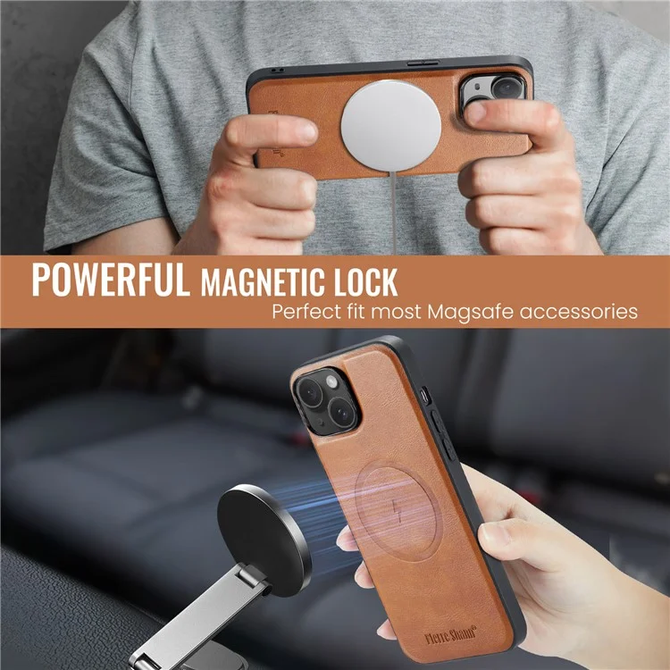 FIERRE SHANN 025 Style For iPhone 13 Detachable Case Leather+TPU Phone Cover RFID Blocking - Brown