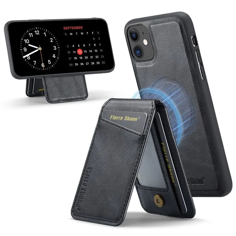 FIERRE SHANN 025 Style For iPhone 11 Case Leather+TPU Phone Cover Detachable Card Bag - Black