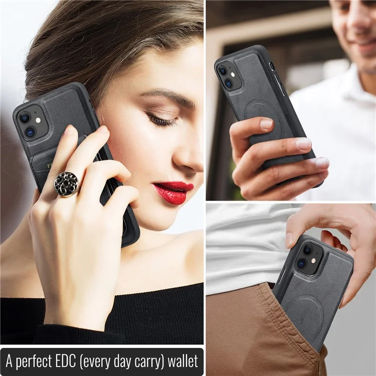 FIERRE SHANN 025 Style For iPhone 11 Case Leather+TPU Phone Cover Detachable Card Bag - Black