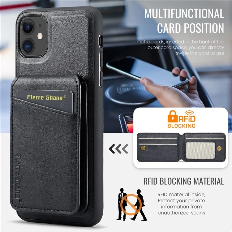 FIERRE SHANN 025 Style For iPhone 11 Case Leather+TPU Phone Cover Detachable Card Bag - Black