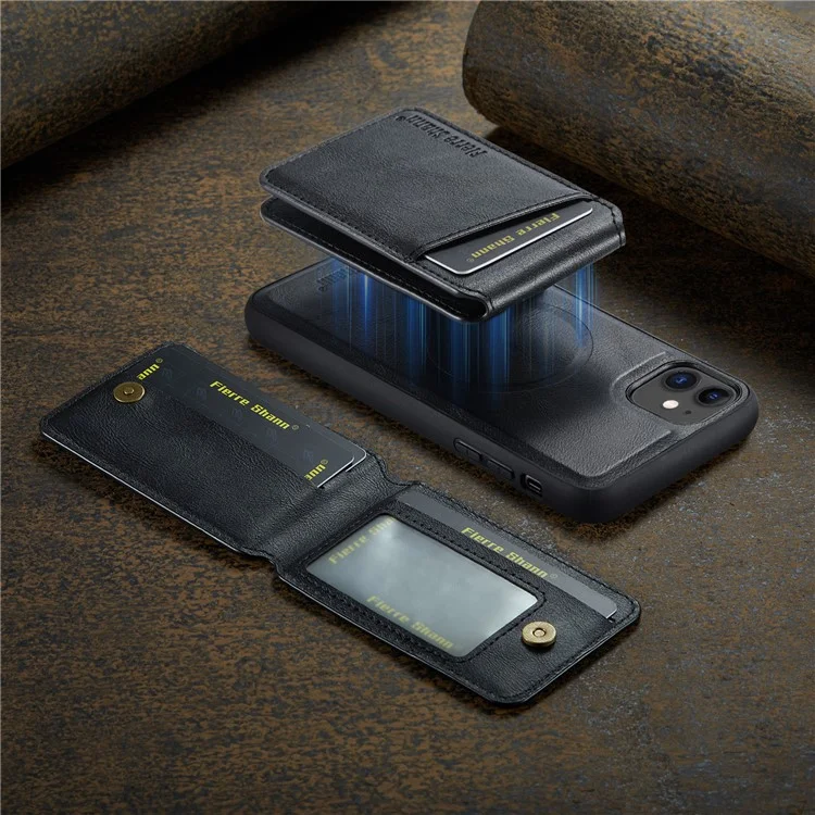 FIERRE SHANN 025 Style For iPhone 11 Case Leather+TPU Phone Cover Detachable Card Bag - Black