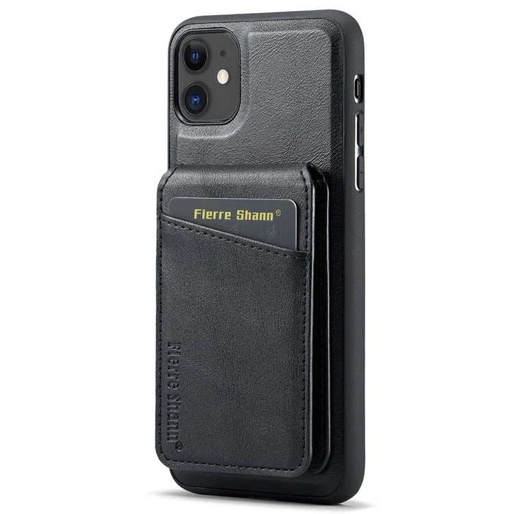 FIERRE SHANN 025 Style For iPhone 11 Case Leather+TPU Phone Cover Detachable Card Bag - Black