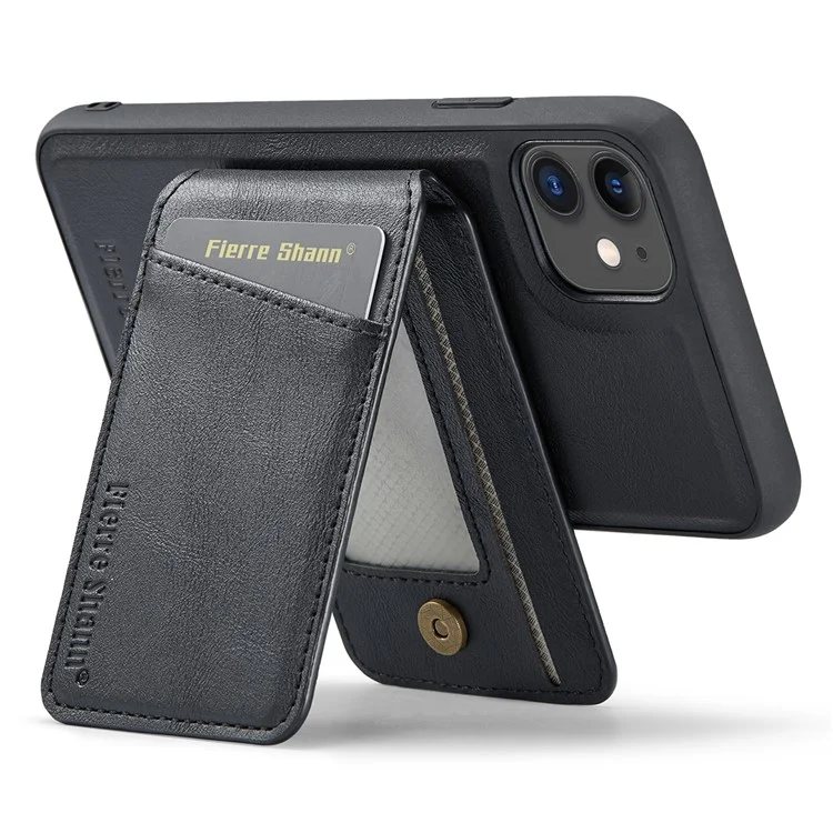 FIERRE SHANN 025 Style For iPhone 11 Case Leather+TPU Phone Cover Detachable Card Bag - Black