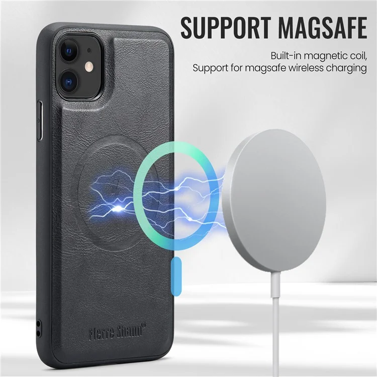 FIERRE SHANN 025 Style For iPhone 11 Case Leather+TPU Phone Cover Detachable Card Bag - Black