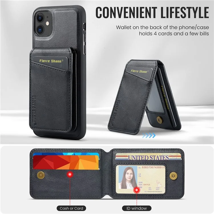 FIERRE SHANN 025 Style For iPhone 11 Case Leather+TPU Phone Cover Detachable Card Bag - Black