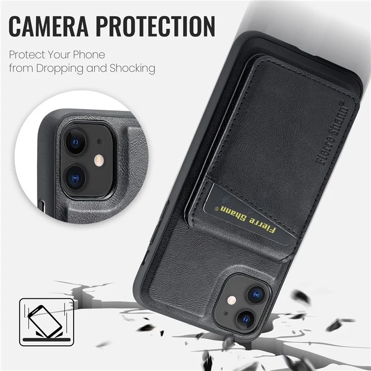 FIERRE SHANN 025 Style For iPhone 11 Case Leather+TPU Phone Cover Detachable Card Bag - Black