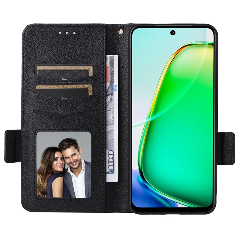 For vivo Y28 4G Case with Wrist Strap Litchi Texture PU Leather Wallet Phone Cover - Black