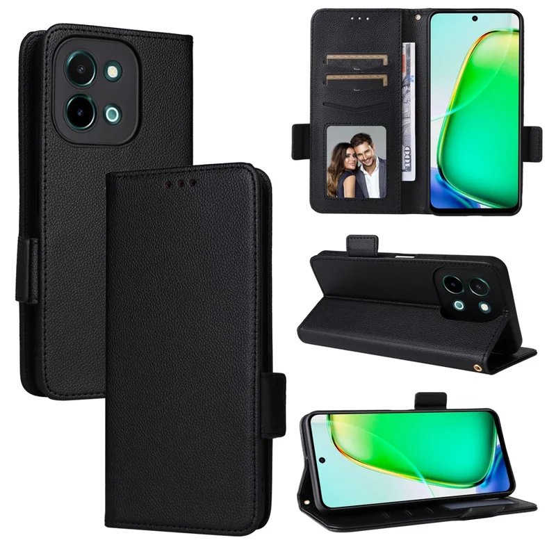 For vivo Y28 4G Case with Wrist Strap Litchi Texture PU Leather Wallet Phone Cover - Black