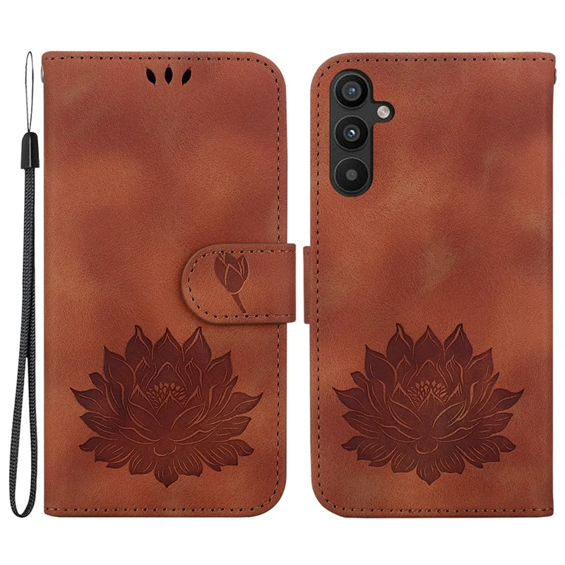 For Samsung Galaxy A14 4G / 5G Case Lotus Pattern Wallet Style Leather Phone Cover - Brown