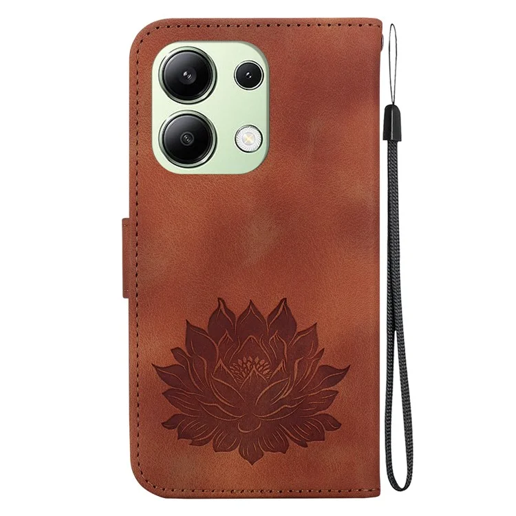 For Xiaomi Redmi Note 13 4G Wallet Case Lotus Pattern Leather Protective Phone Cover - Brown