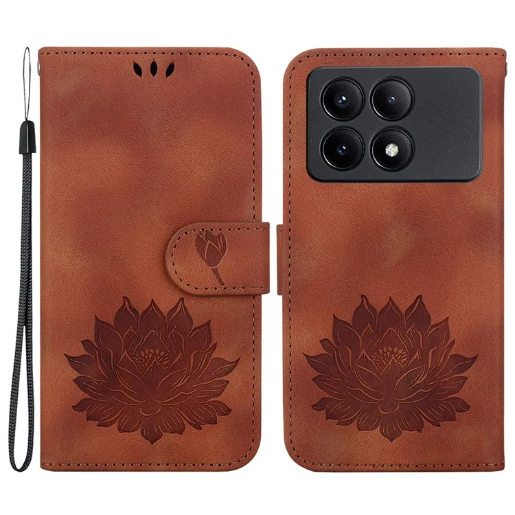 For Xiaomi Redmi K70E 5G / Poco X6 Pro 5G Case Leather Phone Cover Stand Hand Strap Lotus Pattern - Brown