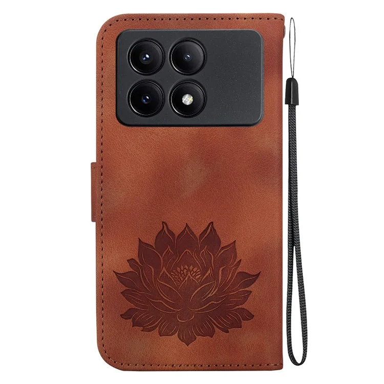 For Xiaomi Redmi K70E 5G / Poco X6 Pro 5G Case Leather Phone Cover Stand Hand Strap Lotus Pattern - Brown