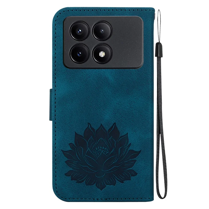 For Xiaomi Redmi K70E 5G / Poco X6 Pro 5G Case Leather Phone Cover Stand Hand Strap Lotus Pattern - Blue