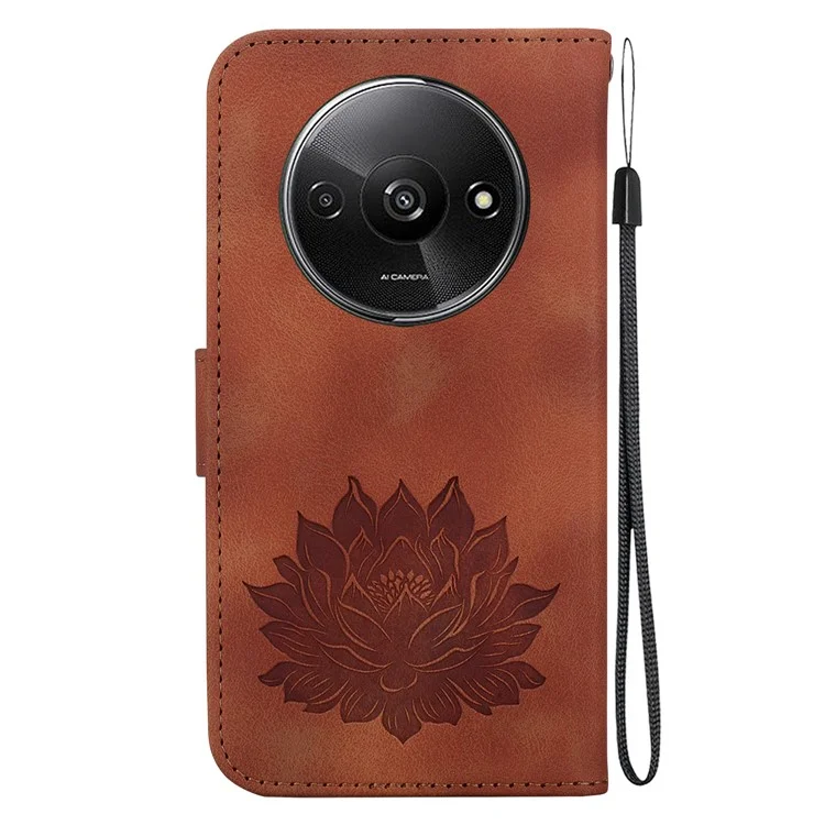 For Xiaomi Redmi A3 / Poco C61 4G Wallet Case Lotus Imprint Leather Phone Cover - Brown