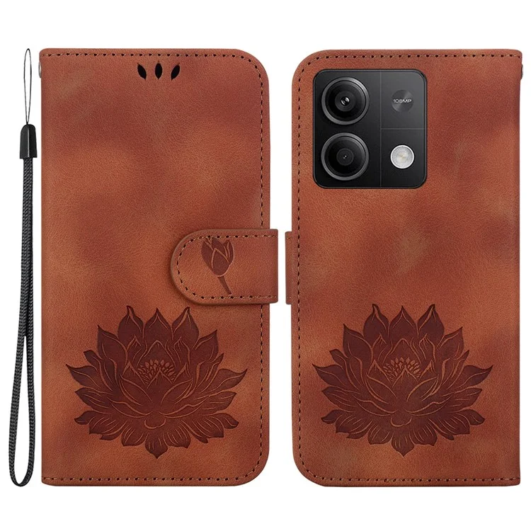 Para Xiaomi Redmi Note 13 5G Case Lotus Imprint Leather Wallet Phone Cover - Brown