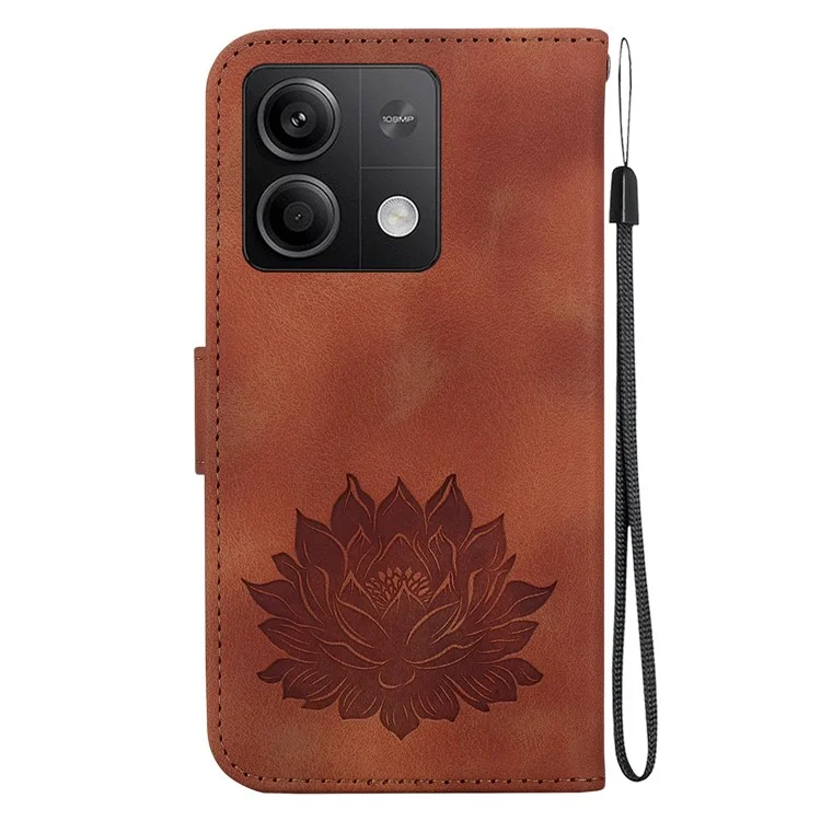 Para Xiaomi Redmi Note 13 5G Case Lotus Imprint Leather Wallet Phone Cover - Brown