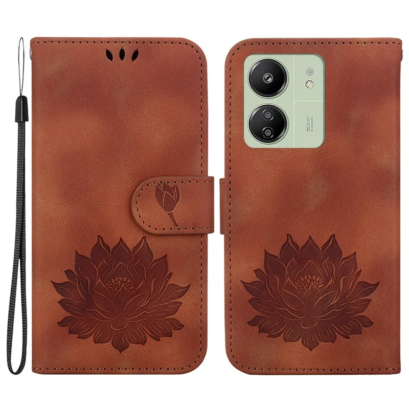 For Xiaomi Redmi 13C 4G / 5G / 13R 5G / Poco M6 5G / C65 4G Case Leather Lotus Stand Phone Cover - Brown