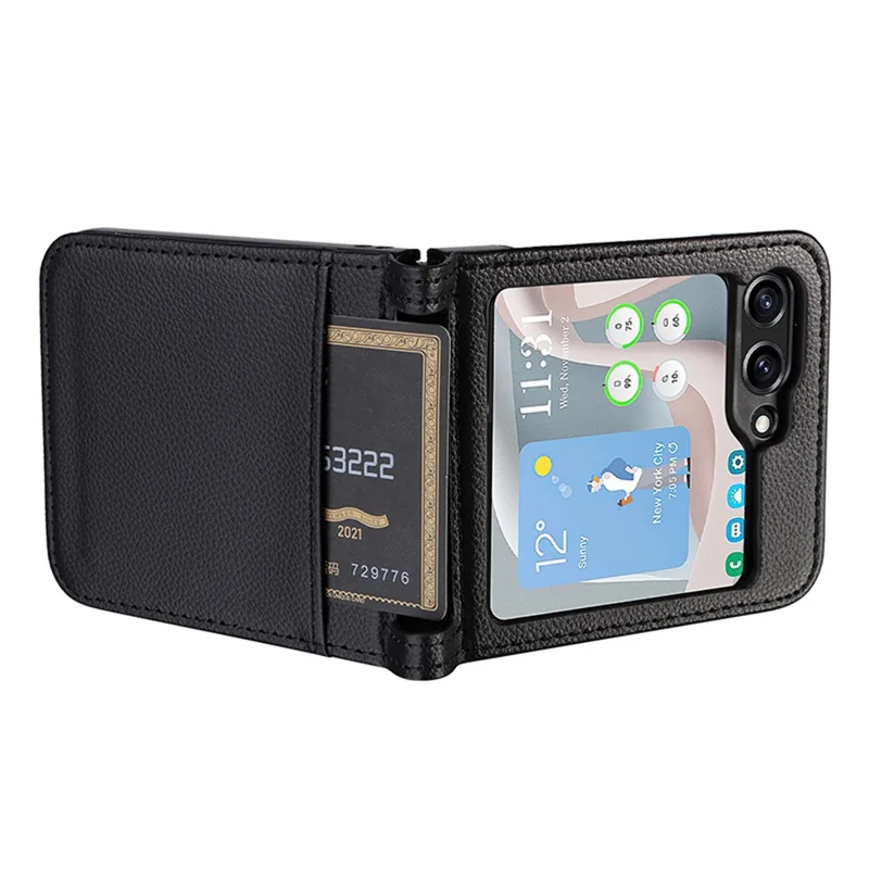 For Samsung Galaxy Z Flip7 FE 5G / Z Flip6 5G Case Litchi Texture PU Leather + PC Card Slot Phone Cover - Black