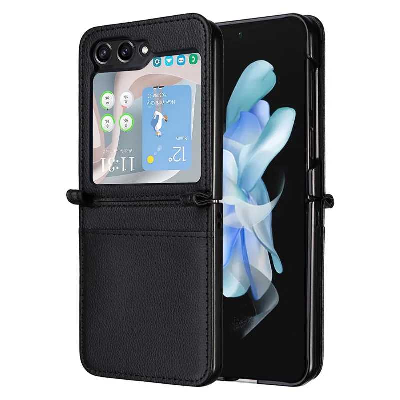 For Samsung Galaxy Z Flip7 FE 5G / Z Flip6 5G Case Litchi Texture PU Leather + PC Card Slot Phone Cover - Black