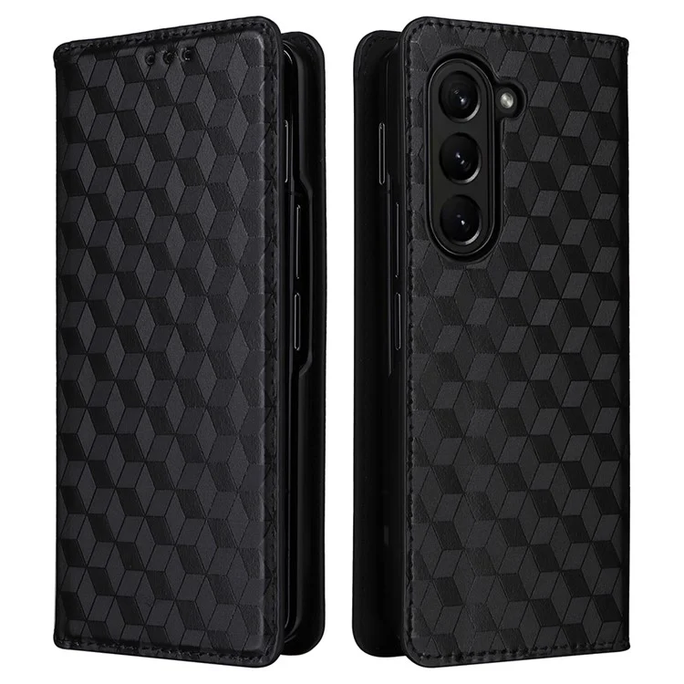 For Samsung Galaxy Z Fold6 5G Case Wallet PU Leather Phone Cover Rhombus Imprinted - Black