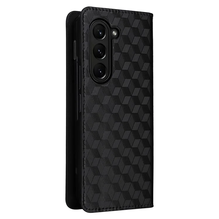 For Samsung Galaxy Z Fold6 5G Case Wallet PU Leather Phone Cover Rhombus Imprinted - Black
