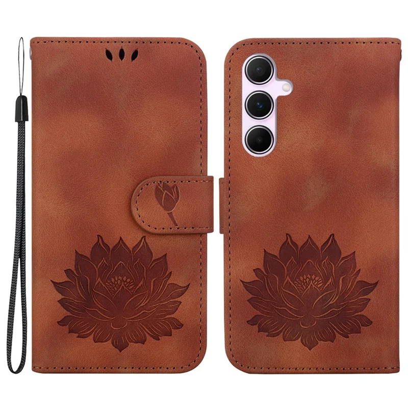For Samsung Galaxy A55 5G Case Wallet Stand Lotus Pattern Leather Phone Cover - Brown