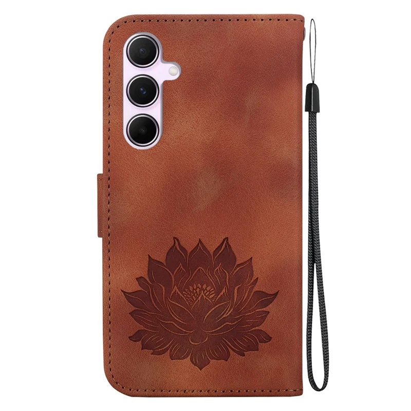 For Samsung Galaxy A55 5G Case Wallet Stand Lotus Pattern Leather Phone Cover - Brown