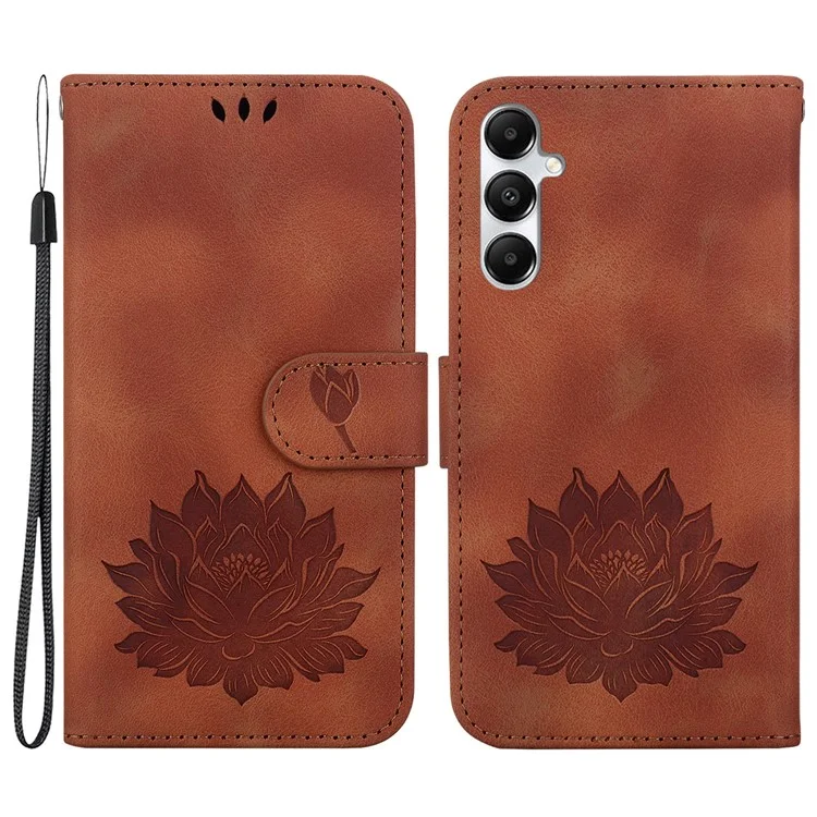 Für Samsung Galaxy A35 5G-Hülle Lotus-Muster Lederhandyhülle mit Riemen - Braun