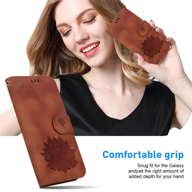 For Samsung Galaxy A05s 4G Case PU Leather Wallet Stand Lotus Phone Cover - Brown