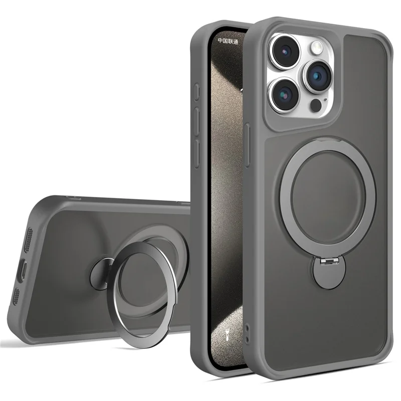 For iPhone 13 Pro Magnetic Phone Case PC+TPU Ring Kickstand Cell Phone Cover - Titanium Grey