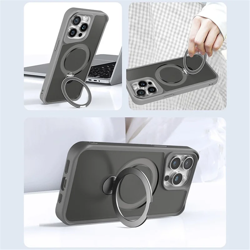 For iPhone 13 Pro Magnetic Phone Case PC+TPU Ring Kickstand Cell Phone Cover - Titanium Grey