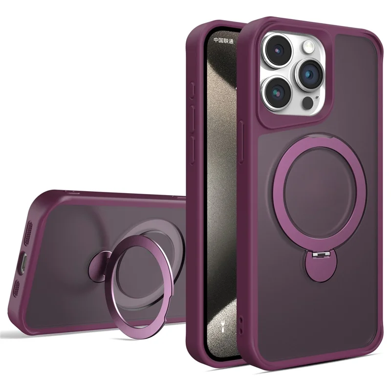 For iPhone 14 Pro Max Magnetic Case PC+TPU Ring Kickstand Phone Cover - Wine Red