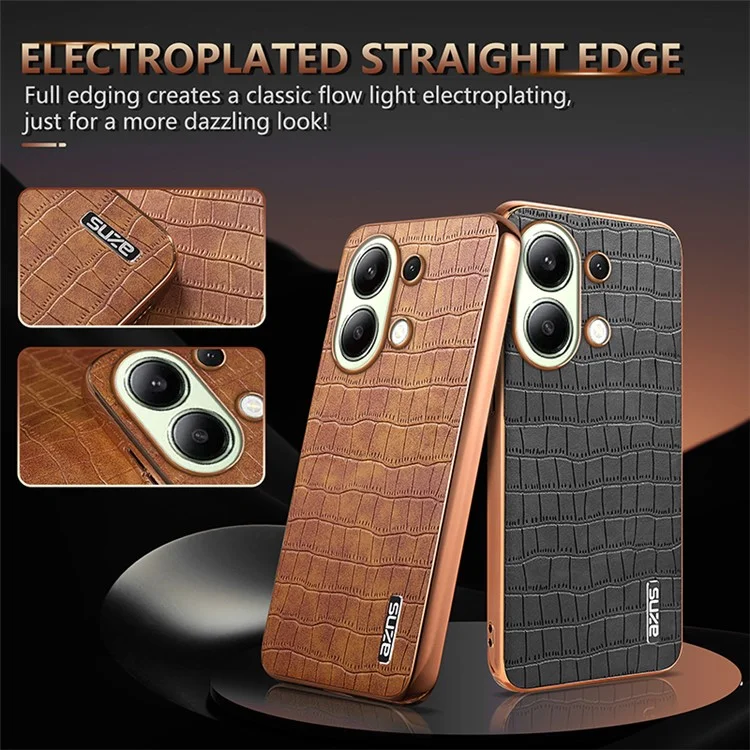 AZNS For Xiaomi Redmi Note 13 4G Case Electroplating Crocodile Texture PU+TPU Back Phone Cover - Brown