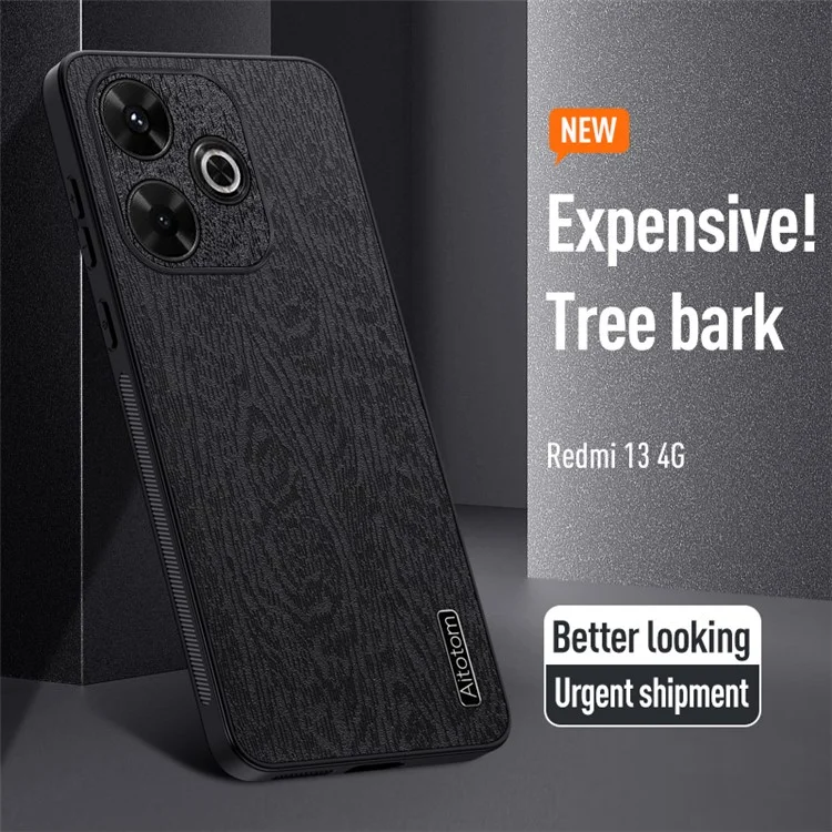 Para Xiaomi Redmi 13 5G / 13 4G Case Texture Wood Leather+PC+TPU Hybrid Phone Cover - Preto