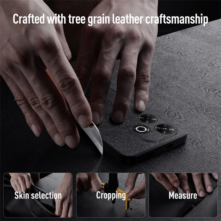 Para Xiaomi Redmi 13 5G / 13 4G Case Texture Wood Leather+PC+TPU Hybrid Phone Cover - Preto