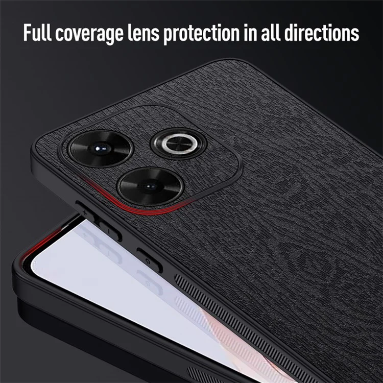 Para Xiaomi Redmi 13 5G / 13 4G Case Texture Wood Leather+PC+TPU Hybrid Phone Cover - Preto