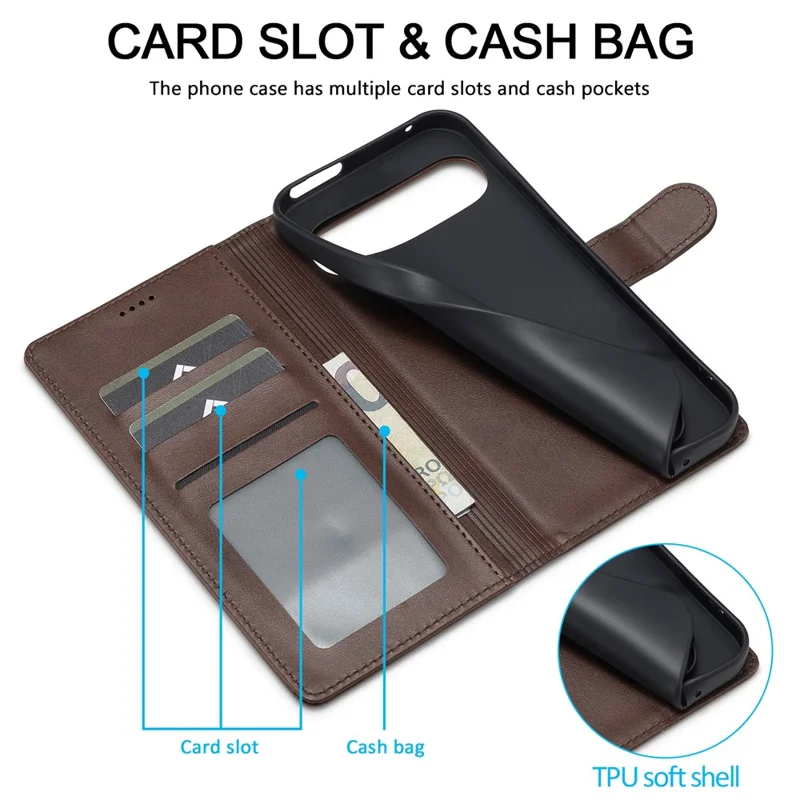 LC.IMEEKE For Google Pixel 9 / 9 Pro Case Magnetic Buckle Wallet Leather Phone Cover Calf Texture - Brown
