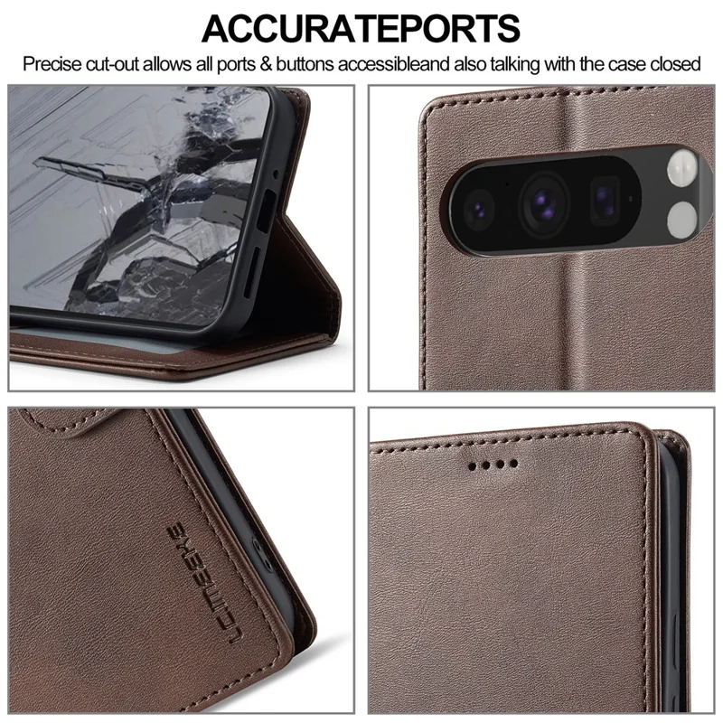 LC.IMEEKE For Google Pixel 9 / 9 Pro Case Magnetic Buckle Wallet Leather Phone Cover Calf Texture - Brown