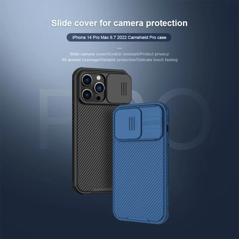 NILLKIN CamShield Pro Series for iPhone 14 Pro Max Slide Camera Protection Anti-scratch Phone Case TPU Frame PC Back Cover - Blue