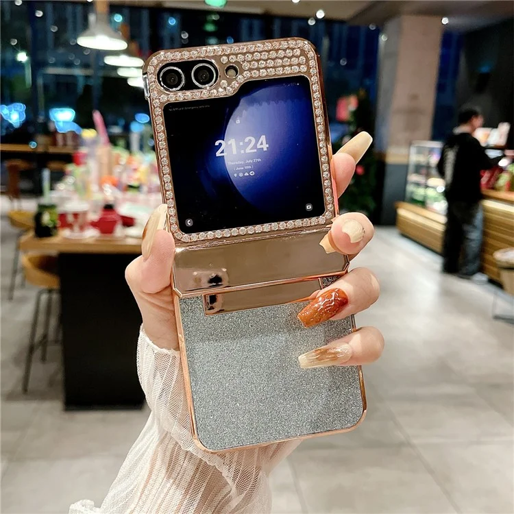 Pour Samsung Galaxy Z Flip6 5G / Z Flip5 5G Étui Glitter Bling PU Cuir+Dur PC Couvercle Arrière de Téléphone - Bleu