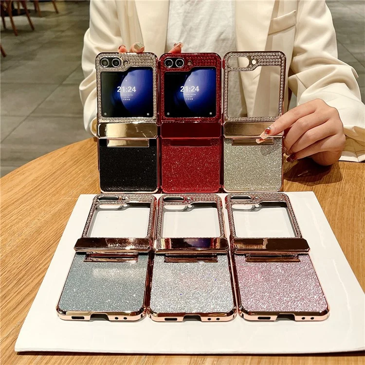 Pour Samsung Galaxy Z Flip6 5G / Z Flip5 5G Étui Glitter Bling PU Cuir+Dur PC Couvercle Arrière de Téléphone - Bleu