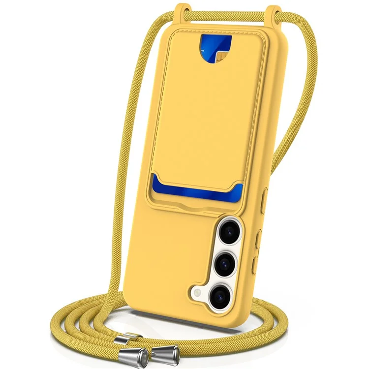 For Samsung Galaxy S23+ Case Liquid Silicone Card Holder Phone Back Cover with Lanyard - Yellow