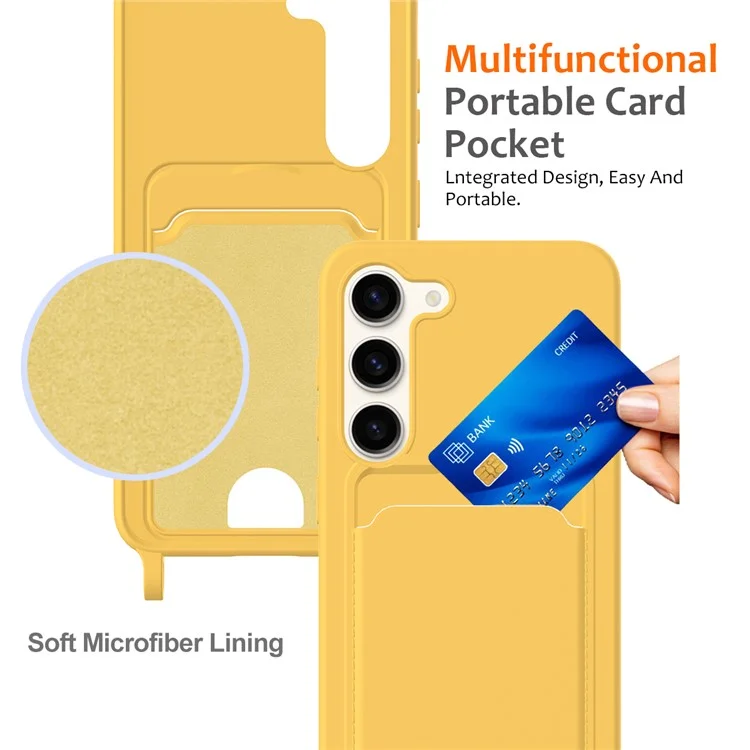 For Samsung Galaxy S23+ Case Liquid Silicone Card Holder Phone Back Cover with Lanyard - Yellow