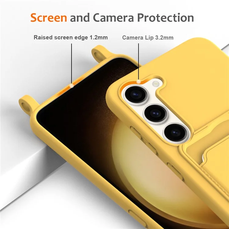 For Samsung Galaxy S23+ Case Liquid Silicone Card Holder Phone Back Cover with Lanyard - Yellow
