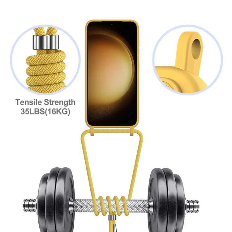 For Samsung Galaxy S23+ Case Liquid Silicone Card Holder Phone Back Cover with Lanyard - Yellow