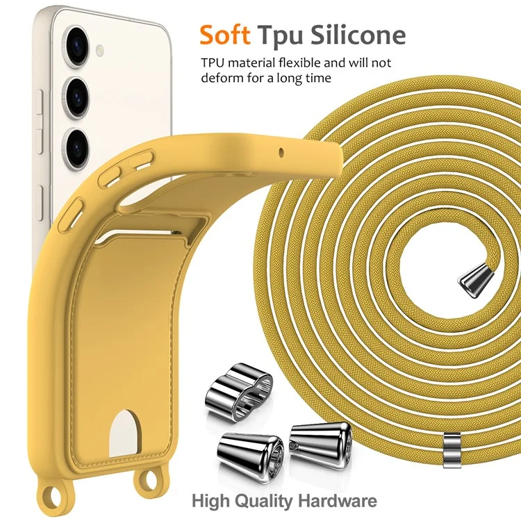 For Samsung Galaxy S23+ Case Liquid Silicone Card Holder Phone Back Cover with Lanyard - Yellow