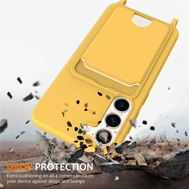 For Samsung Galaxy S23+ Case Liquid Silicone Card Holder Phone Back Cover with Lanyard - Yellow