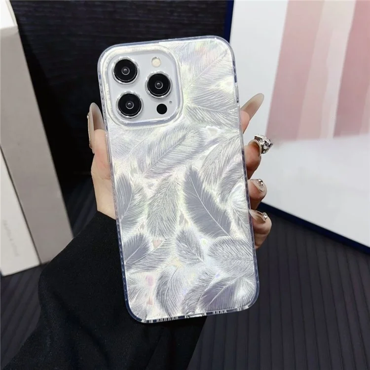 For iPhone 14 Pro Max Case Silver Feather Pattern Laser Process Anti-Drop PC Phone Cover